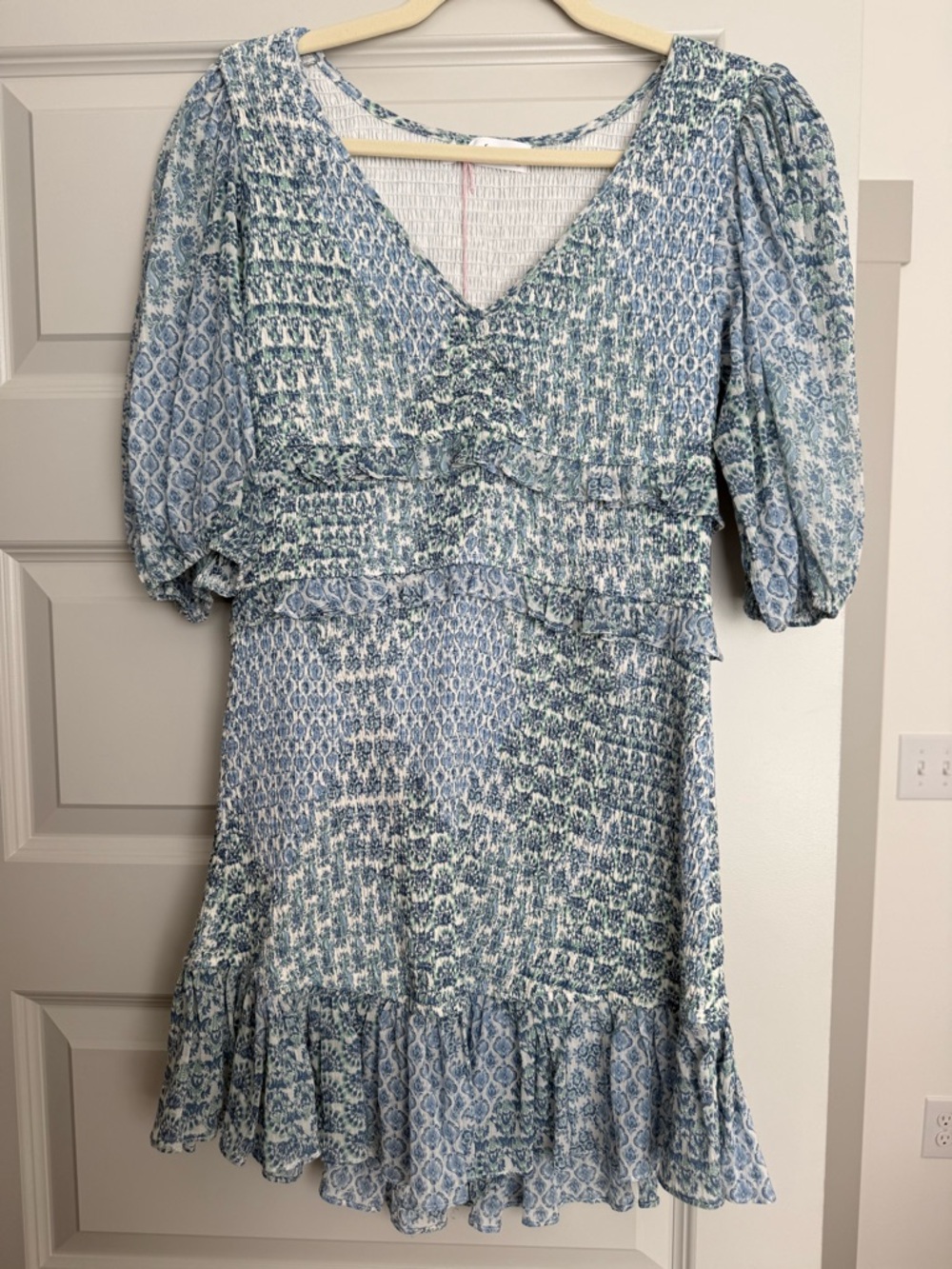 Smocked V-Neck Mini Dress in Blue & White